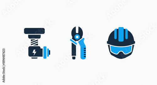 Set of industrial and construction icons: power connector, wire cutters, and hard hat with goggles, in a robust dark navy and blue design.