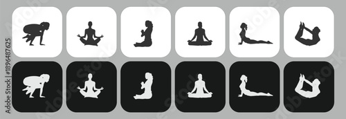 Comprehensive Yoga Poses and Mindfulness Meditation Silhouette Icon Set, Hatha Yoga Asanas, Zen Lotus Positions, Pilates Fitness Stretching, and Holistic Wellness Bodyweight Exercise Graphics.