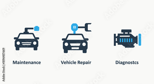 Car maintenance, repair, and diagnostic icons set. Auto service, mechanics, and vehicle check-up symbols.