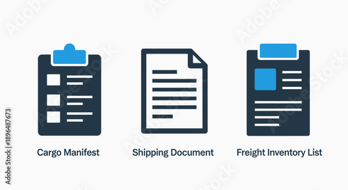 Shipping and cargo document icons set. Includes manifest, inventory list, and delivery paperwork for logistics and freight management.