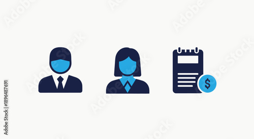 Business and finance icons. Male and female professionals, and a calendar with dollar sign representing appointments, meetings, and financial planning.