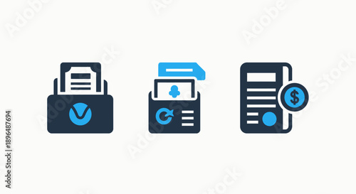 Document processing and financial icons. Printer, archive box with plus sign, and a bill with dollar symbol for record keeping and payment.