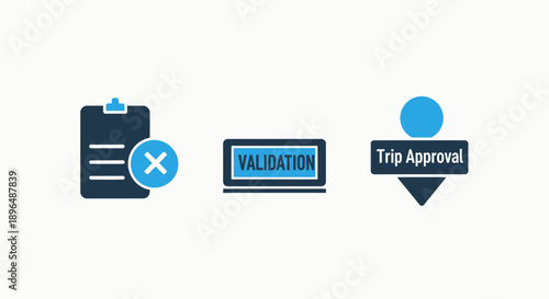 Approval and Validation Process Icons Representing Acceptance, Rejection, and Official Authorization for Tasks or Trips