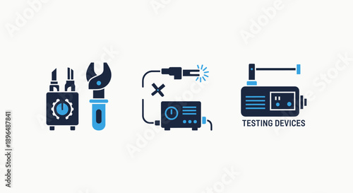 Industrial Equipment and Testing Device Icons Representing Manufacturing, Repair, and Quality Control Processes