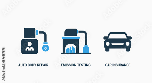 Automotive Service and Maintenance Icons: Auto Body Repair, Emission Testing, and Car Insurance for Vehicle Care