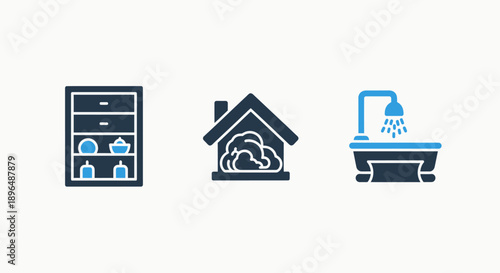 Household Items and Home Maintenance Icons: Kitchen Storage, Interior Air Quality, and Bathroom Plumbing Fixtures