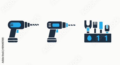 Power Tools and DIY Hardware Icons: Cordless Drills, Screwdrivers, and Bit Sets for Construction and Home Improvement Projects