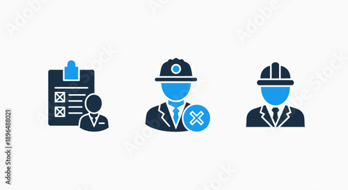 Modern Engineering & Construction Personnel Management Icons: Checklist, Worker Profile, and Job Rejection Symbols in Blue and Dark Gray