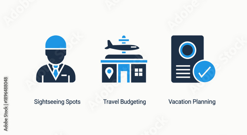 Comprehensive Travel Planning Icons: Sightseeing, Budgeting, and Vacation Management Symbols for Tourism and Holiday Adventures