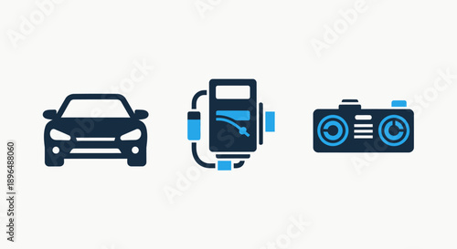 Automotive and Travel Technology Icons: Car, Fuel Station, and Camera for Vehicle, Transportation, and Road Trip Concepts