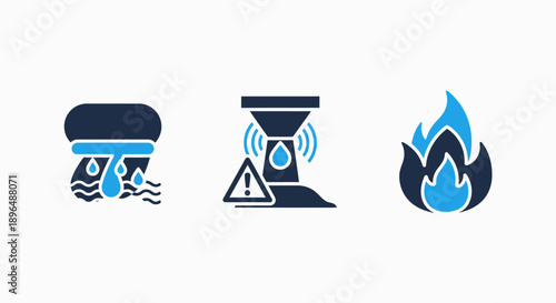 Disaster and Emergency Warning Icons: Flood Damage, Leak Detection Alert, and Fire Safety Symbols for Risk Management