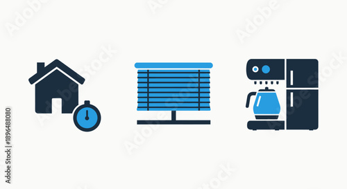 Smart Home and Domestic Appliance Icons: Automated Blinds, Coffee Makers, and House Scheduling for Modern Living and Comfort