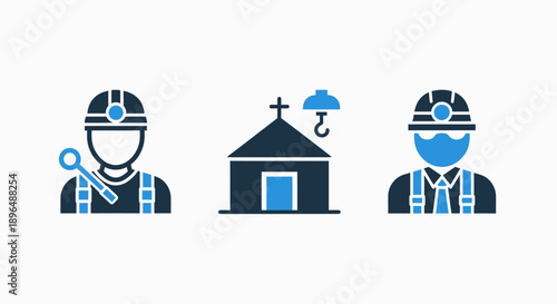 Industrial Workers and Equipment Icons: Miners, Construction Professionals, Maintenance Tools, and Infrastructure Symbols in Blue and Grey Flat Design Style