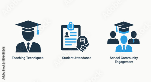 Academic Management and Community Engagement Icons: Teaching Techniques, Student Attendance Tracking, and School Collaboration in Flat Vector Design