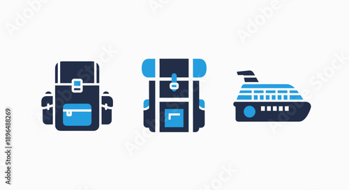 Travel and Adventure Icons: Outdoor Backpacks for Hiking and Large Cruise Ship for Vacations in Modern Flat Vector Style
