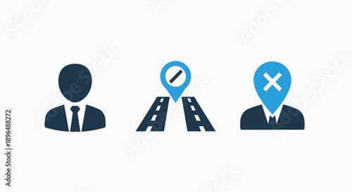 User Location and Restriction Icons: Generic Profile, Restricted Area, and Unavailable User or Geolocation Service in Flat Vector Design