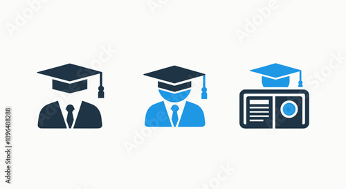 Digital Education and Graduation Icons: Student Profiles, Academic Attire, and Online Learning Platforms in Modern Flat Vector Style