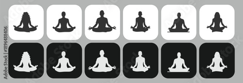 Meditation and Yoga Silhouette Icon Set, Zen Lotus Pose Symbols for Mental Health, Mindfulness, Wellness Apps, and Spiritual Balance, Minimalist Vector Graphics in Black and White