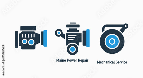 Mechanical Engineering and Service Icons: Engine, Power Repair, and Industrial Maintenance