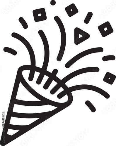 A dynamic and festive confetti popper icon is shown actively exploding with streams of confetti and geometric shapes bursting upwards and outwards, signifying celebration and joy.