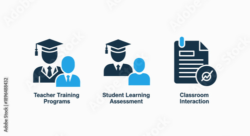 Educational Development and Learning Icons: Teacher Training, Student Assessment, and Classroom Engagement