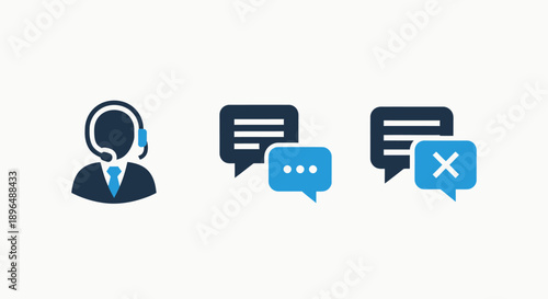 Online Customer Support and Communication Icons: Agent, Chat Bubbles, and Service Decline