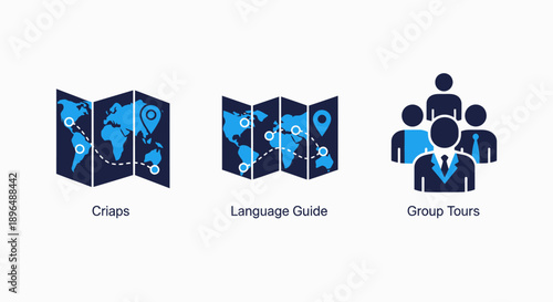 Global Travel and Tourism Icons: World Map Routes, Language Guide, and Group Tours