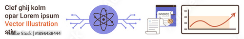 Science, data analysis, financial trends, documentation, analytics, growth. Atomic symbol, invoice rising graph. Science and data analysis concept with a strong focus on growth trends