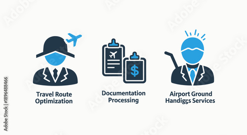 Travel Logistics and Airport Operations Icons: Route Optimization, Documentation, and Ground Handling
