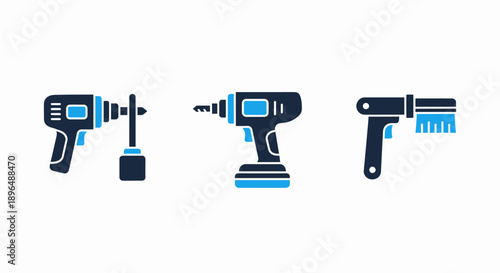 Essential Power Tools Icons: Electric Drill, Impact Wrench, and Construction Equipment