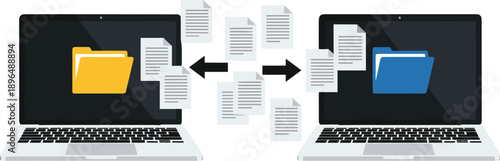 File transfer and data synchronization illustration showing document sharing between laptops, digital file exchange, cloud backup workflow, and secure information management concept
