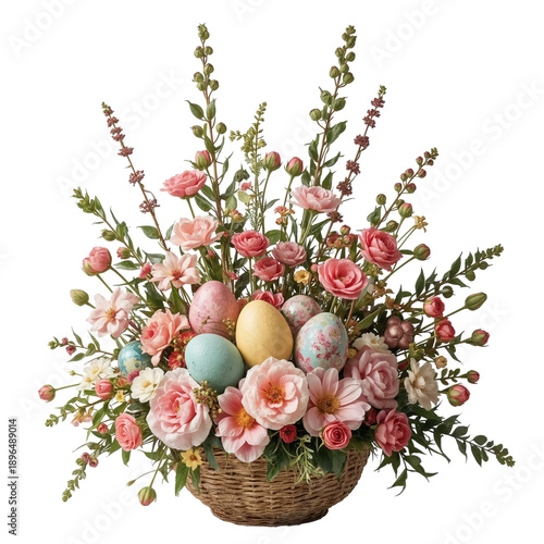 Colorful Spring Flower Arrangement With Easter Eggs in a Basket