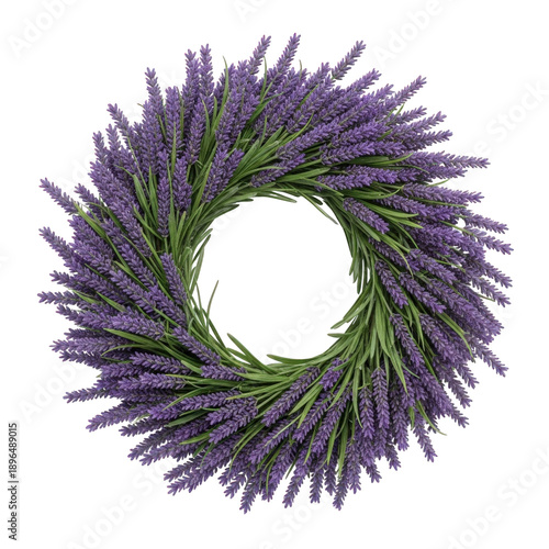 Rustic lavender wreath with purple flowers and green leaves, botanical floral circle frame, aromatic herb garland on transparent background