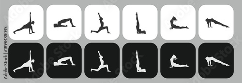 Comprehensive Yoga Poses and Fitness Stretching Silhouette Icon Set, Mindfulness Meditation, Pilates Exercises, Athletic Bodyweight Training, and Holistic Wellness Graphics for Healthcare and Gym Bran