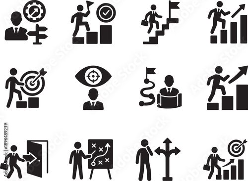   Career planning solid glyph icon set with goals, growth, strategy, vision, targets, and career journey paths.