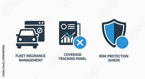Fleet Insurance and Risk Management Icons: Vehicle Coverage, Tracking Panel, and Shield