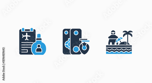 Travel and Leisure Icons: Flight Document, Luggage, Beach Scene - Vector Illustration