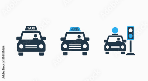Transportation Icons: Taxi, Ride Share, Traffic Light - Vector Collection