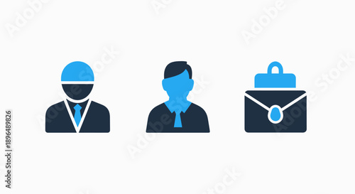 Business professional icons: person with hard hat, suit and tie, and briefcase for career and work.