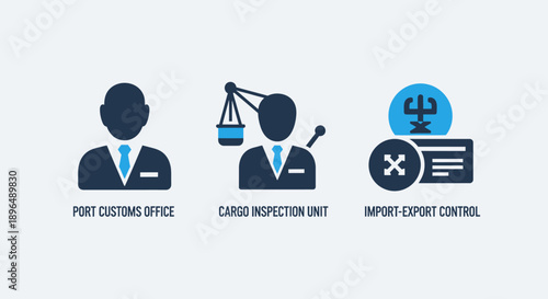 Import and export icons: customs officer, cargo inspection, and import-export control for international trade.
