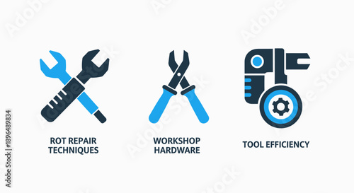 Workshop and efficiency icons: crossed wrenches, pliers, and robotic arm for repair and tool performance.