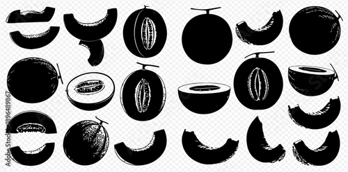 Set of black silhouettes of whole and sliced cantaloupe melons and honeydew melons, fresh fruit vector illustrations.