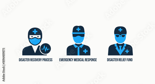 Medical icons for disaster and emergency response: medical professional in protective gear, paramedic, and doctor with ECG.