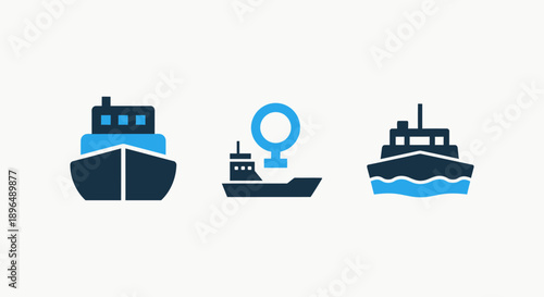 Nautical icons featuring different types of ships: cargo vessel, tanker ship with female symbol, and freighter on waves.