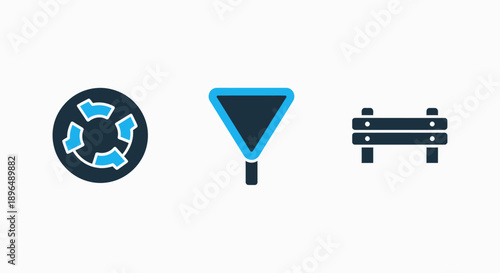 Set of safety and traffic icons: lifebuoy, yield sign, and road barrier.