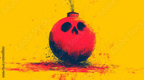 Red Skull Bomb Pop Art Illustration on Yellow Background
