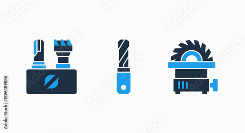 Set of industrial tool icons: drill bits, milling cutter, and circular saw.