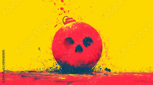 Red Skull Bomb Pop Art Illustration on Yellow Background