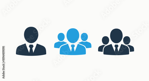 Team and people icons representing workforce diversity and management: single person, group in blue, and group in navy.