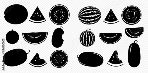 Set of various watermelon silhouettes, whole, sliced, and bitten pieces, isolated on transparent background.